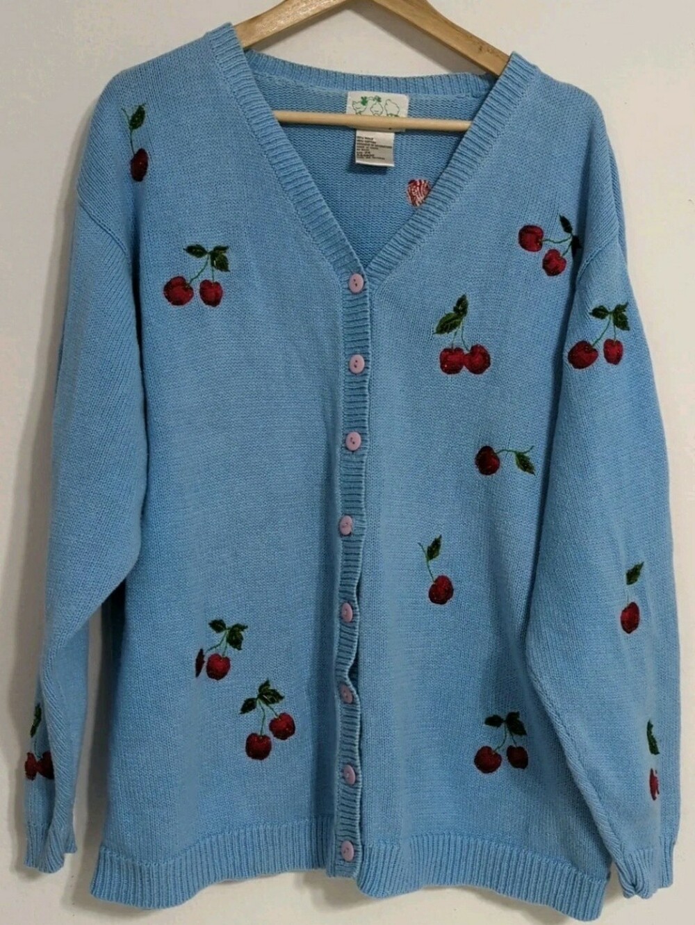 Quacker Factory Light Blue Cardigan with Red Cherry Embroidery